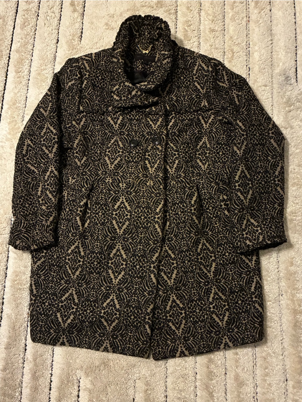 Steve Madden Wool Blend Black and Cream Patterned Pea Coat PLUS SIZE